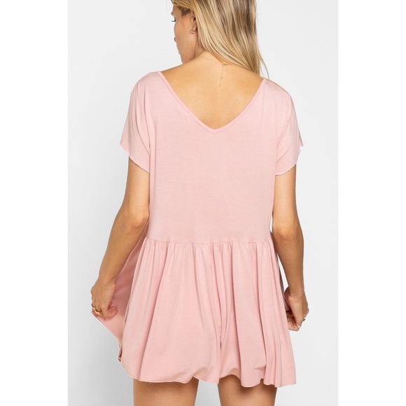 POL Pink Rayon V Neck Half Button Short Sleeve Babydoll Tunic Top - Picture 4 of 7